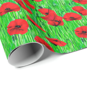 Röda poppies i Grönt Fält Presentpapper
