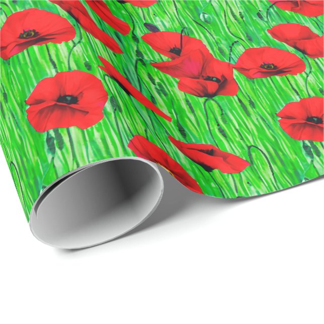 Röda poppies i Grönt Fält Presentpapper (Rullad Hörn)
