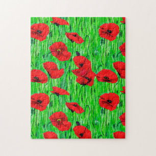 Röda poppies i Grönt Fält Pussel
