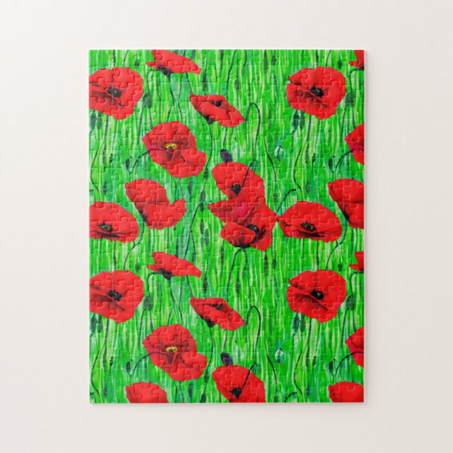 Röda poppies i Grönt Fält Pussel (Vertikal)