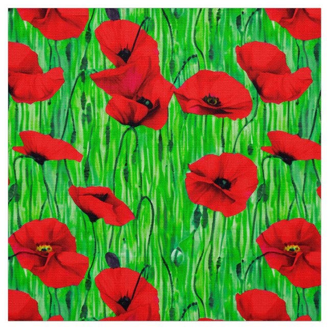 Röda poppies i Grönt Fält Tyg (Provkarta)