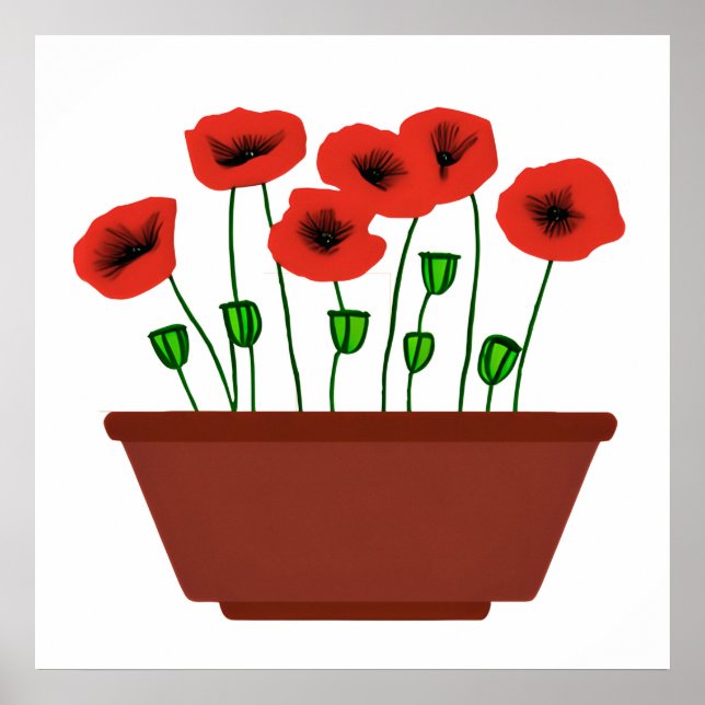 Röda poppies i Terracotta Planter Poster (Framsidan)