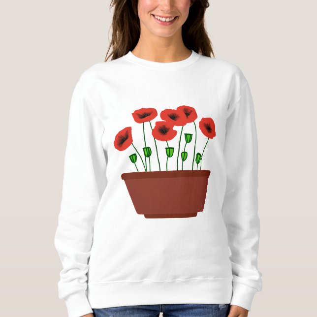 Röda poppies i Terracotta Planter T Shirt (Framsida)