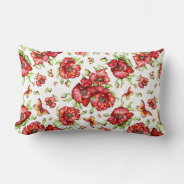 Röda poppies med Grönt Foliage på vit bakgrund Lumbarkudde