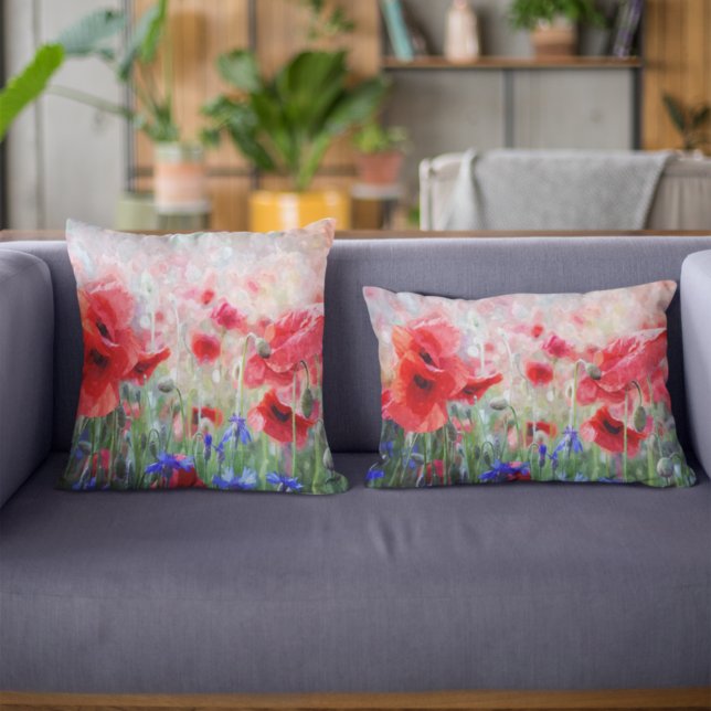 Röda poppies med vattenfärg lumbarkudde (Skapare uppladdad)