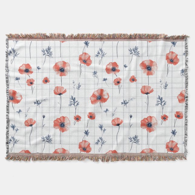 Röda poppies Mönster på vitt Filt (Framsidan)