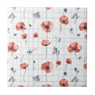 Röda poppies Mönster på vitt Kakelplatta