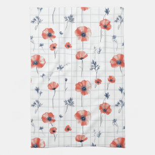 Röda poppies Mönster på vitt Kökshandduk