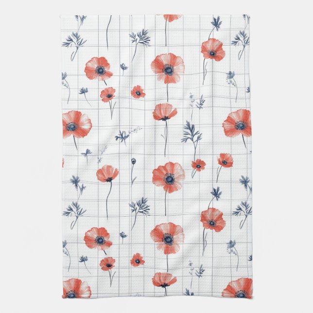 Röda poppies Mönster på vitt Kökshandduk (Vertikal)