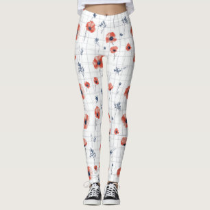 Röda poppies Mönster på vitt Leggings