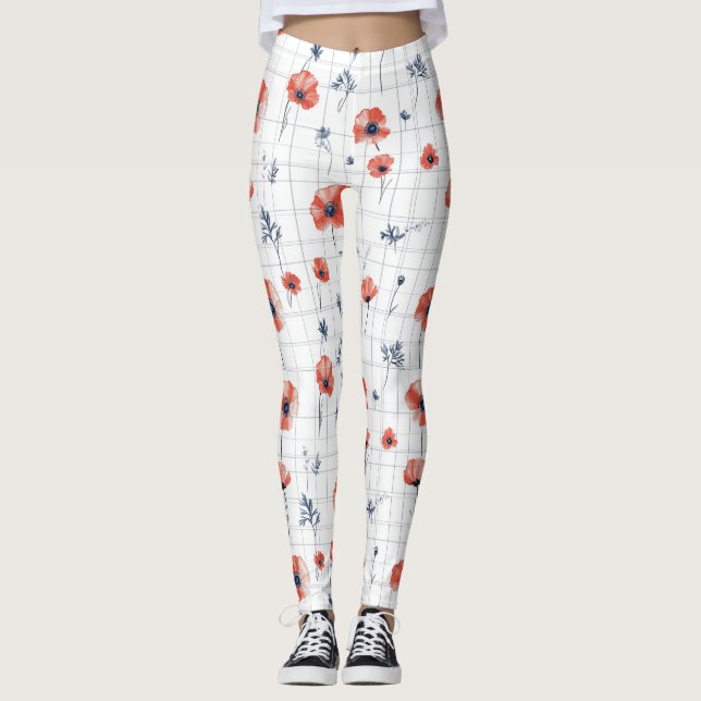Röda poppies Mönster på vitt Leggings (Framsida)