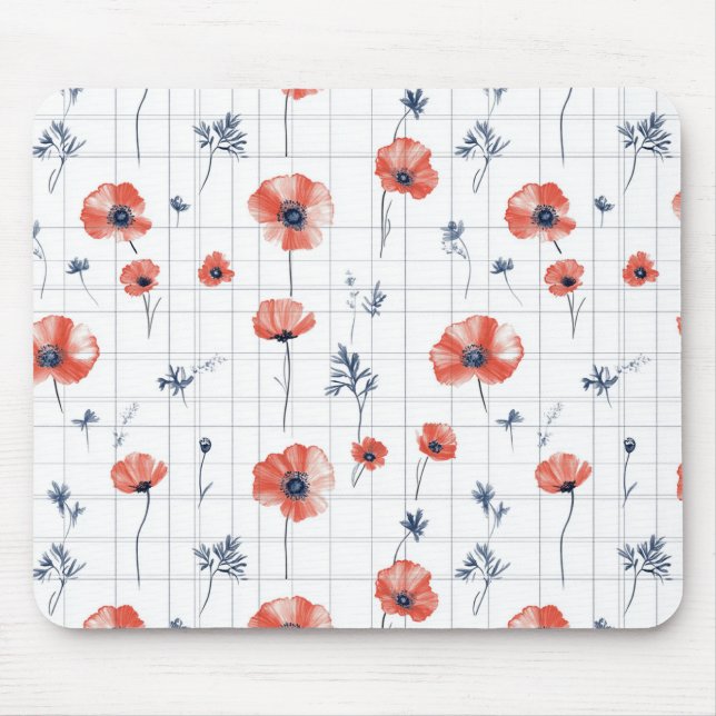 Röda poppies Mönster på vitt Musmatta (Framsidan)