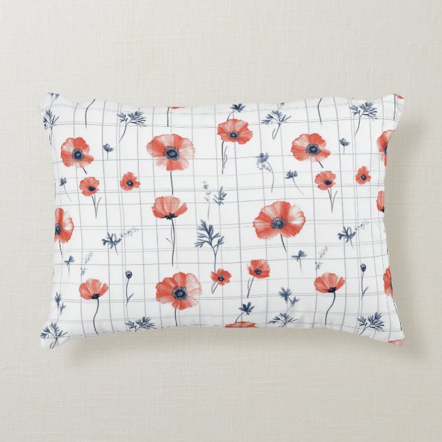 Röda poppies Mönster på vitt Prydnadskudde (Framsidan)