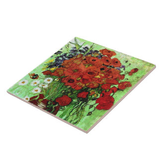 Röda poppies och Daisy Van Gogh Fine Art Kakelplatta