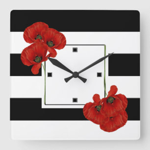 Röda poppies på Black & White Stripe-bakgrunden Fyrkantig Klocka