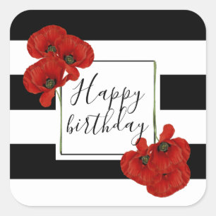 Röda poppies på Black & White Stripe-bakgrunden Fyrkantigt Klistermärke