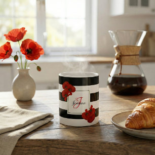 Röda poppies på Black & White Stripe-bakgrunden Kaffemugg