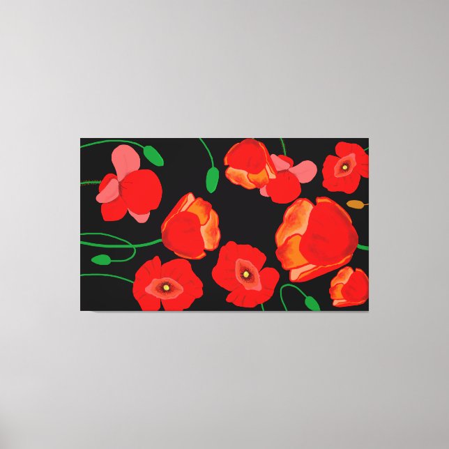 Röda poppies på svart bakgrundsillustration canvastryck (Framsida)