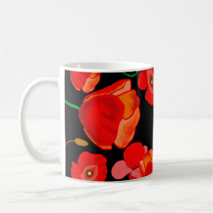 Röda poppies på svart bakgrundsillustration kaffemugg