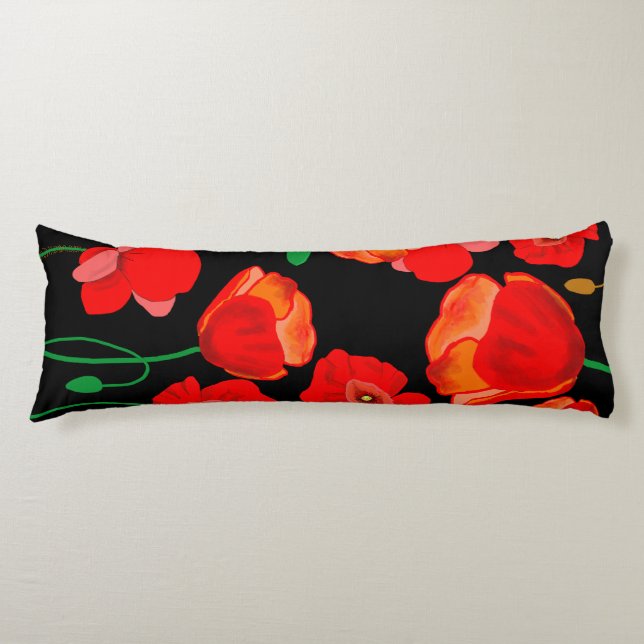 Röda poppies på svart bakgrundsillustration kroppskudde (Framsidan)