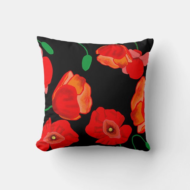 Röda poppies på svart bakgrundsillustration kudde (Framsida)