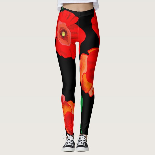 Röda poppies på svart bakgrundsillustration leggings (Framsida)