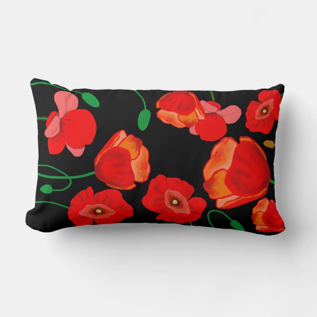 Röda poppies på svart bakgrundsillustration lumbarkudde (Framsida)