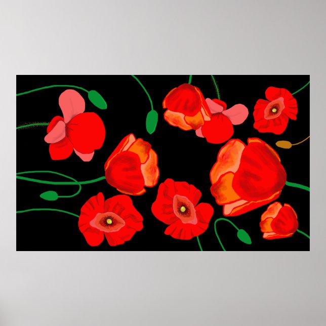 Röda poppies på svart bakgrundsillustration poster (Framsidan)