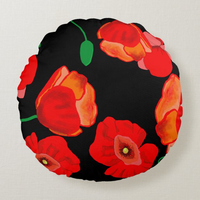 Röda poppies på svart bakgrundsillustration rund kudde (Framsidan)