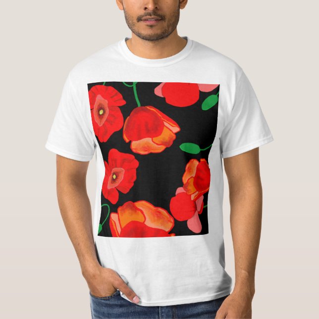 Röda poppies på svart bakgrundsillustration t shirt (Framsida)