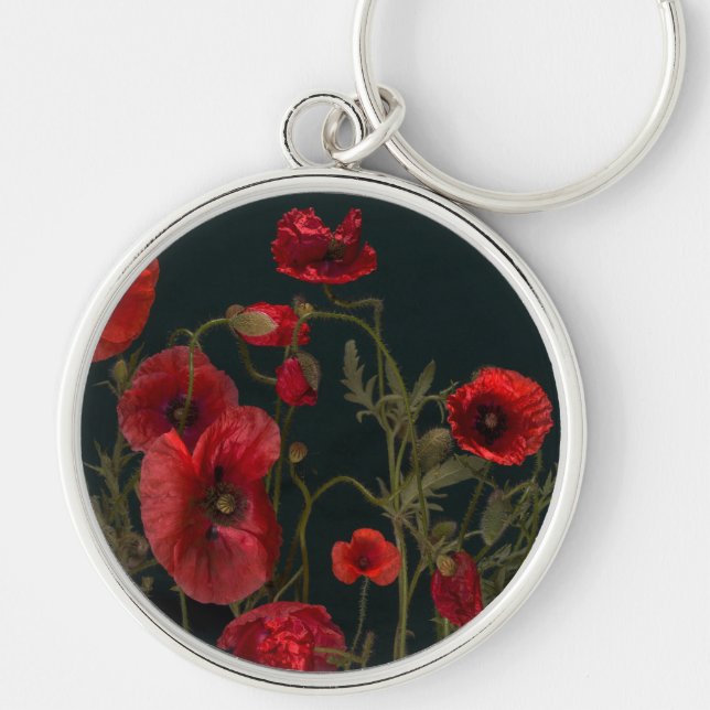 Röda poppies på svart rund silverfärgad nyckelring (Framsidan)