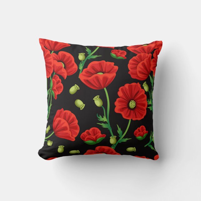 Röda poppies på Svarta Dekorativ kudde (Framsida)