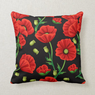 Röda poppies på Svarta Dekorativ kudde