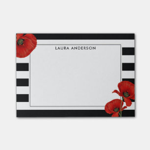 Röda poppies på Svarta och vita Rand Post-it Block