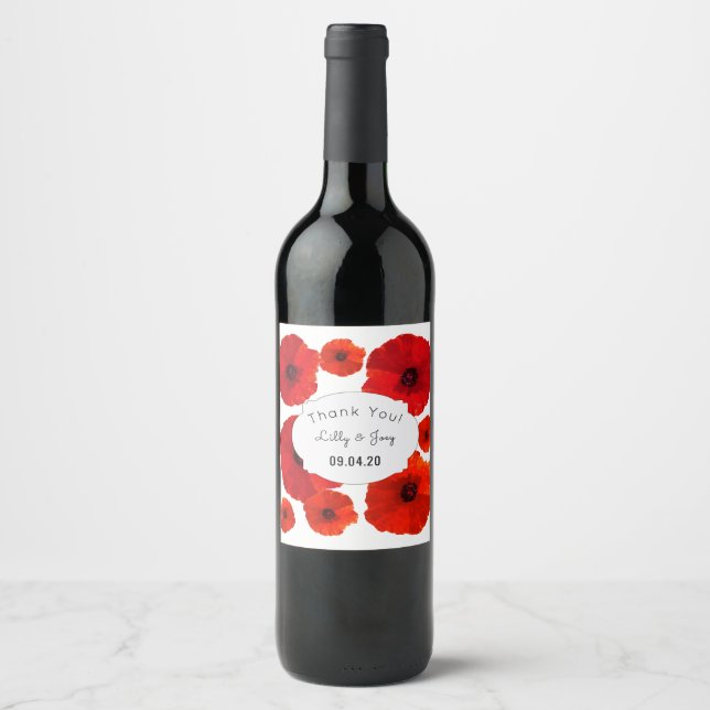 Röda poppies Personligt bröllp Vin etiketter (Framsida)