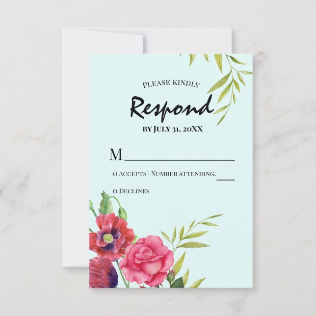 Röda poppies Rosa ros Rand Bröllop OSA Kort (Framsida)