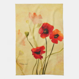 Röda poppies, vattenfärg för vallmoskor kökshandduk