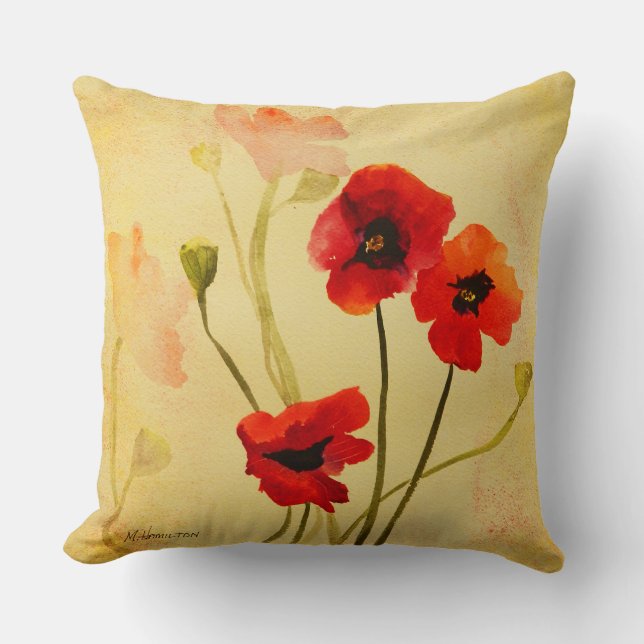 Röda poppies, vattenfärg för vallmoskor kudde (Framsida)