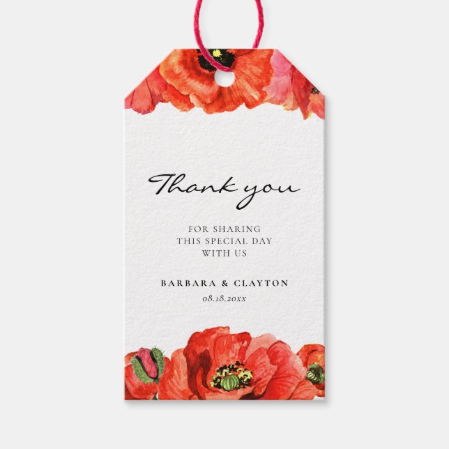 Röda poppies vattenfärgsbröllopsförmån presentetikett (Framsidan)