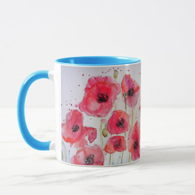 Röda poppies vattenfärgsfärg, färgblå Mugg (Vänster)