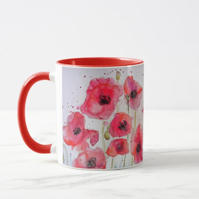 Röda poppies vattenfärgsmålning Mugg (Vänster)