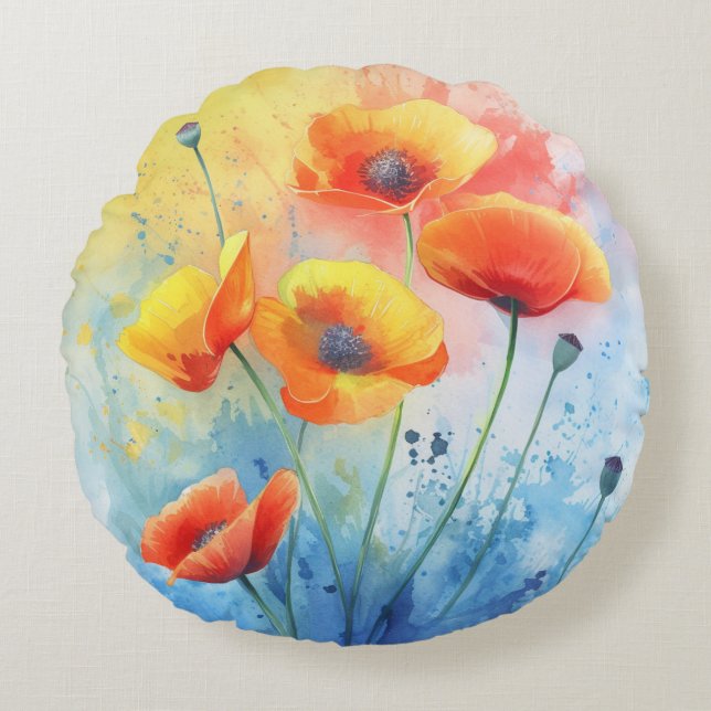 Röda poppies - vattenfärgsrunda Dekorativ kudde (Framsidan)