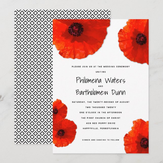 Röda poppies White on Black Wedding-inbjudningar Inbjudningar (Fram/baksida)