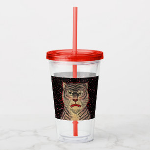 Röda prickar i asiatiska strimlade tigerhuvuden i take away mugg