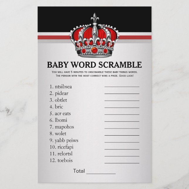 Röda prins krona baby shower spel flygblad (Framsidan)
