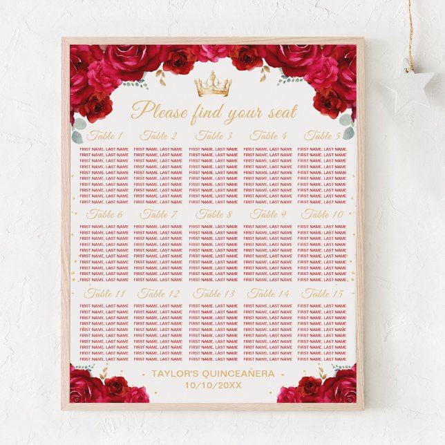 Röda prinsessan Quinceañera 15 Bord-sätesdiagram Poster (Skapare uppladdad)