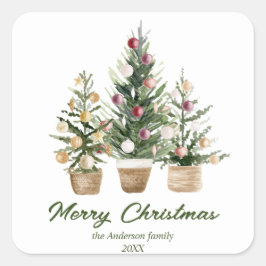 Röda prydnadsämnen i vattenfärgen Träd God jul Fyrkantigt Klistermärke