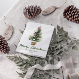 Röda prydnadsämnen i vattenfärgen Träd God jul Helgkort