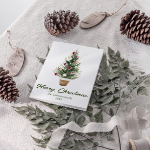 Röda prydnadsämnen i vattenfärgen Träd God jul Helgkort