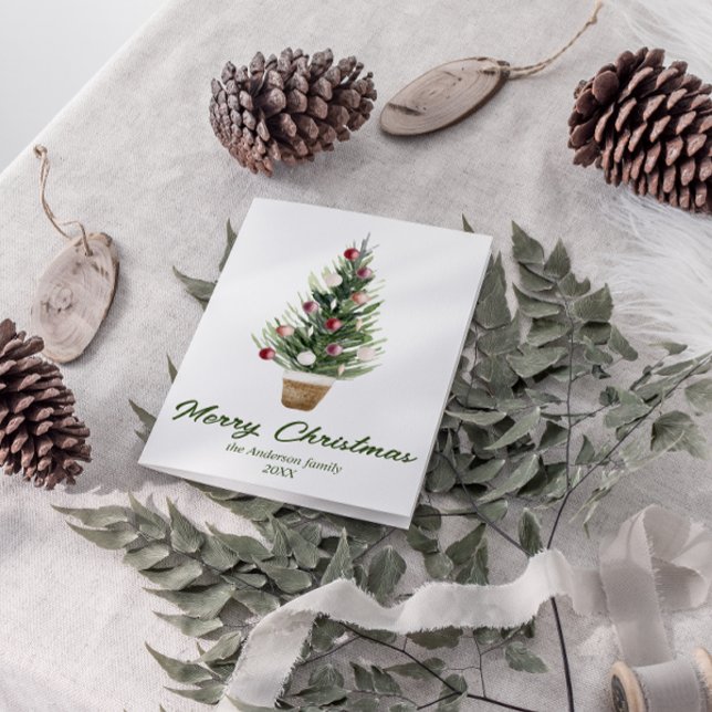 Röda prydnadsämnen i vattenfärgen Träd God jul Helgkort (Skapare uppladdad)